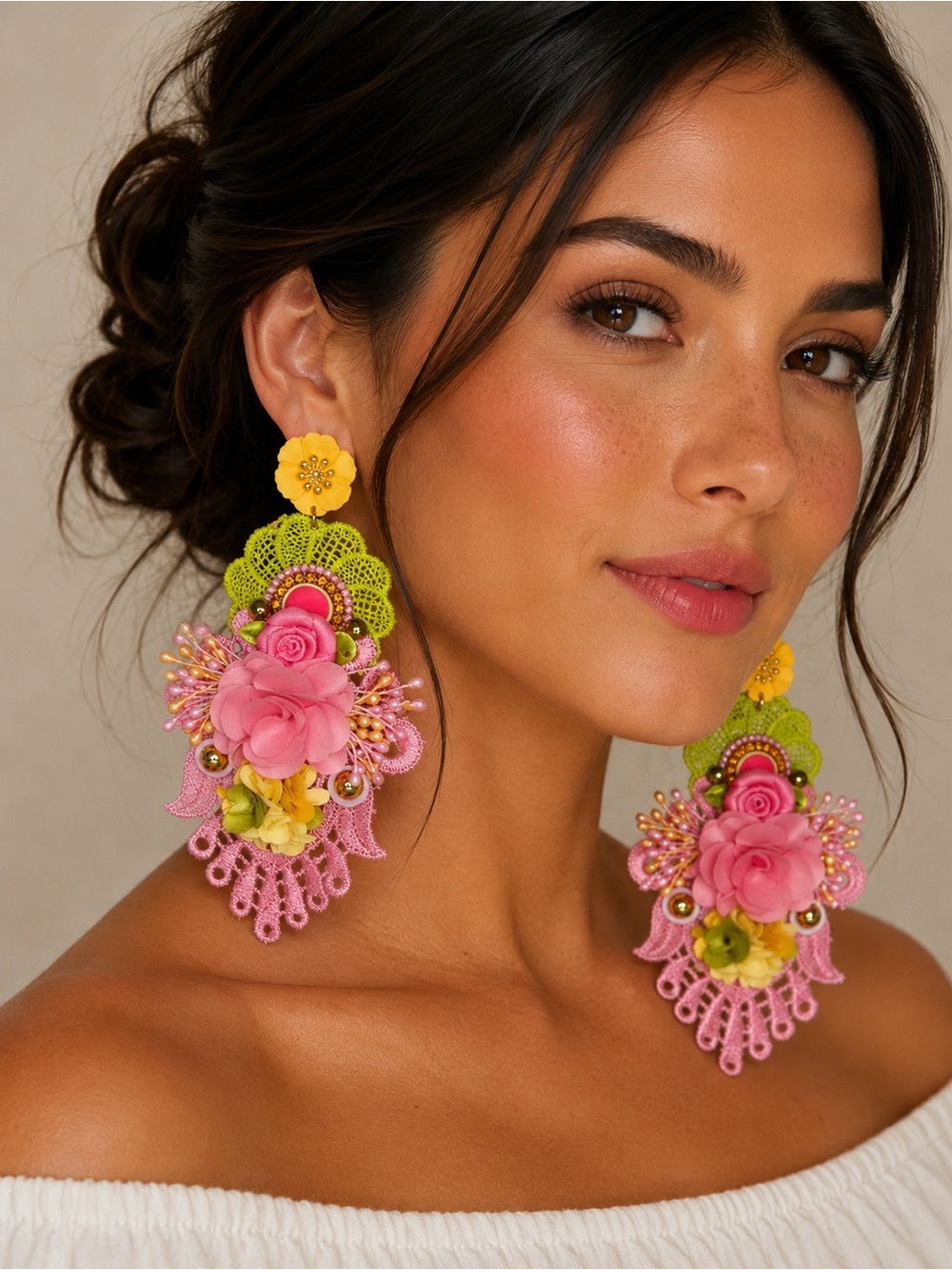 Handmade Pink & Lime Floral Statement Earrings